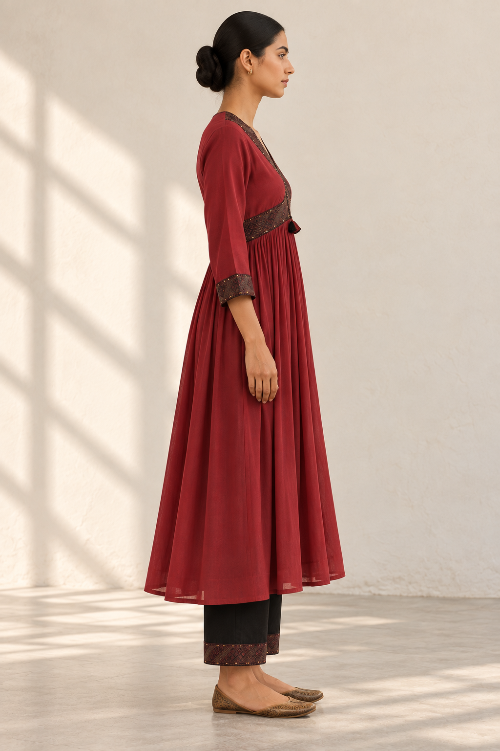 Carrot & Brown Hand Block Printed Gathered Kurta Set