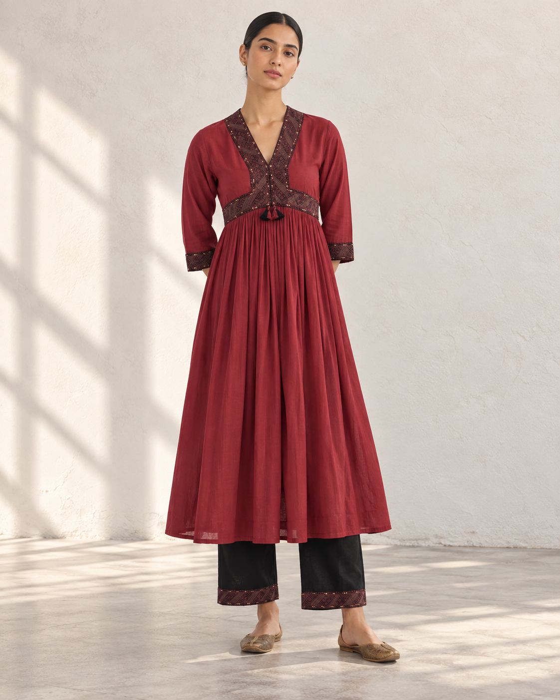Carrot & Brown Hand Block Printed Gathered Kurta Set