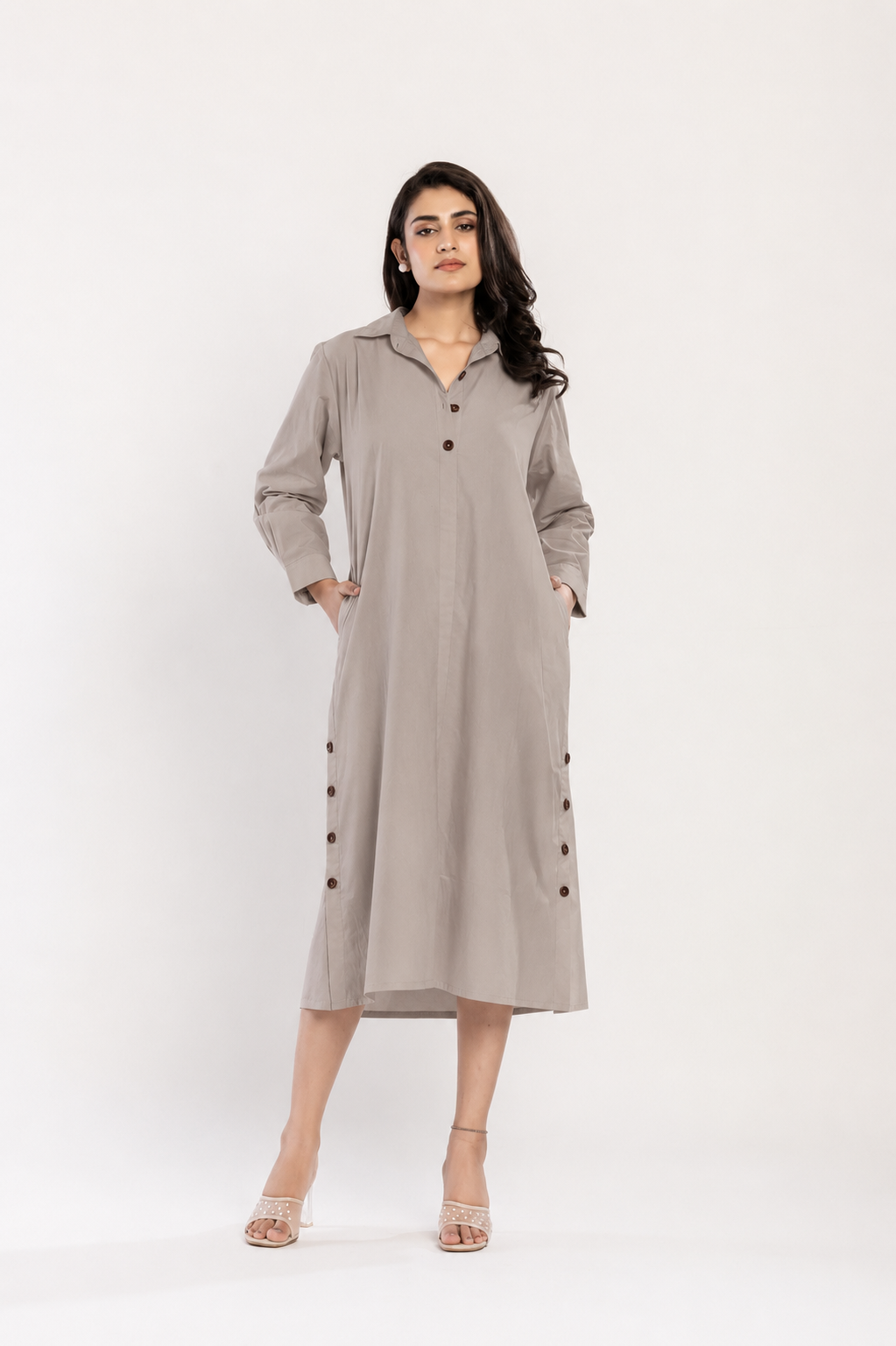 Cotton Poplin Shirt Dress (Warm Grey)