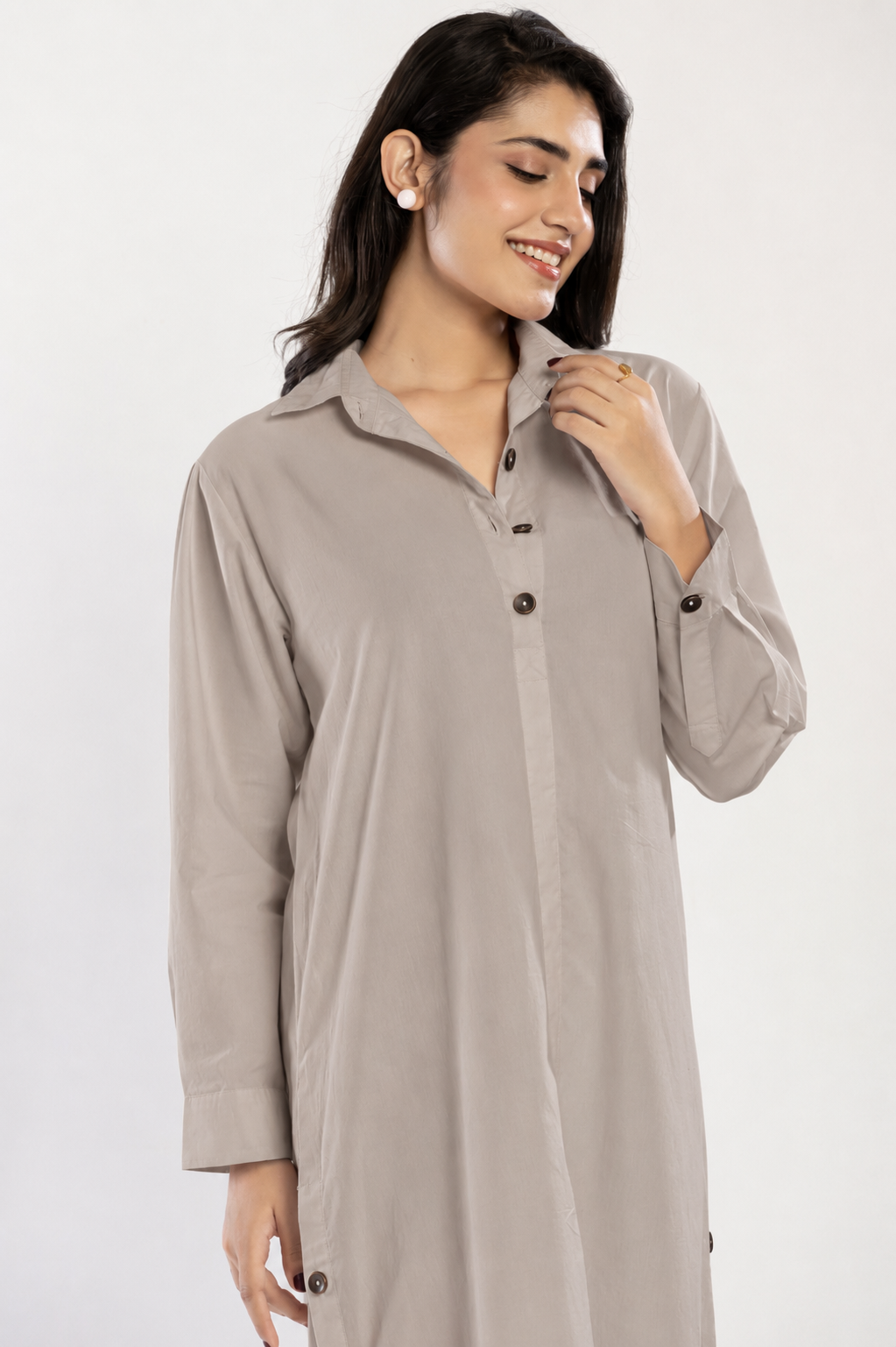 Cotton Poplin Shirt Dress (Warm Grey)