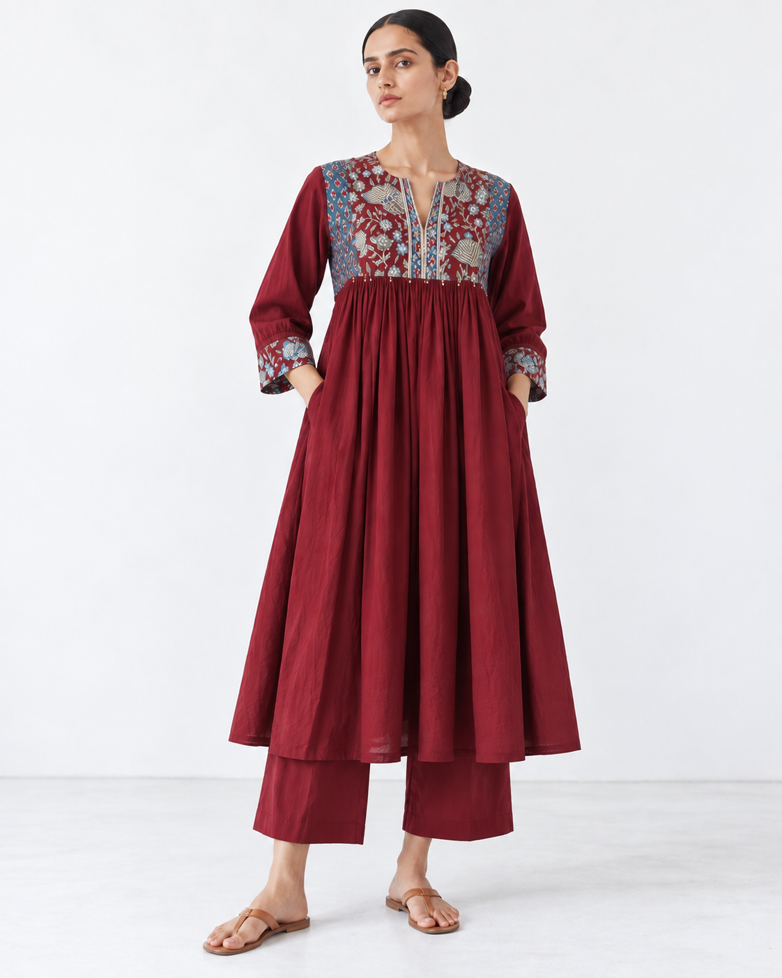 Maroon Hand Block Printed Gathered Kurta Set