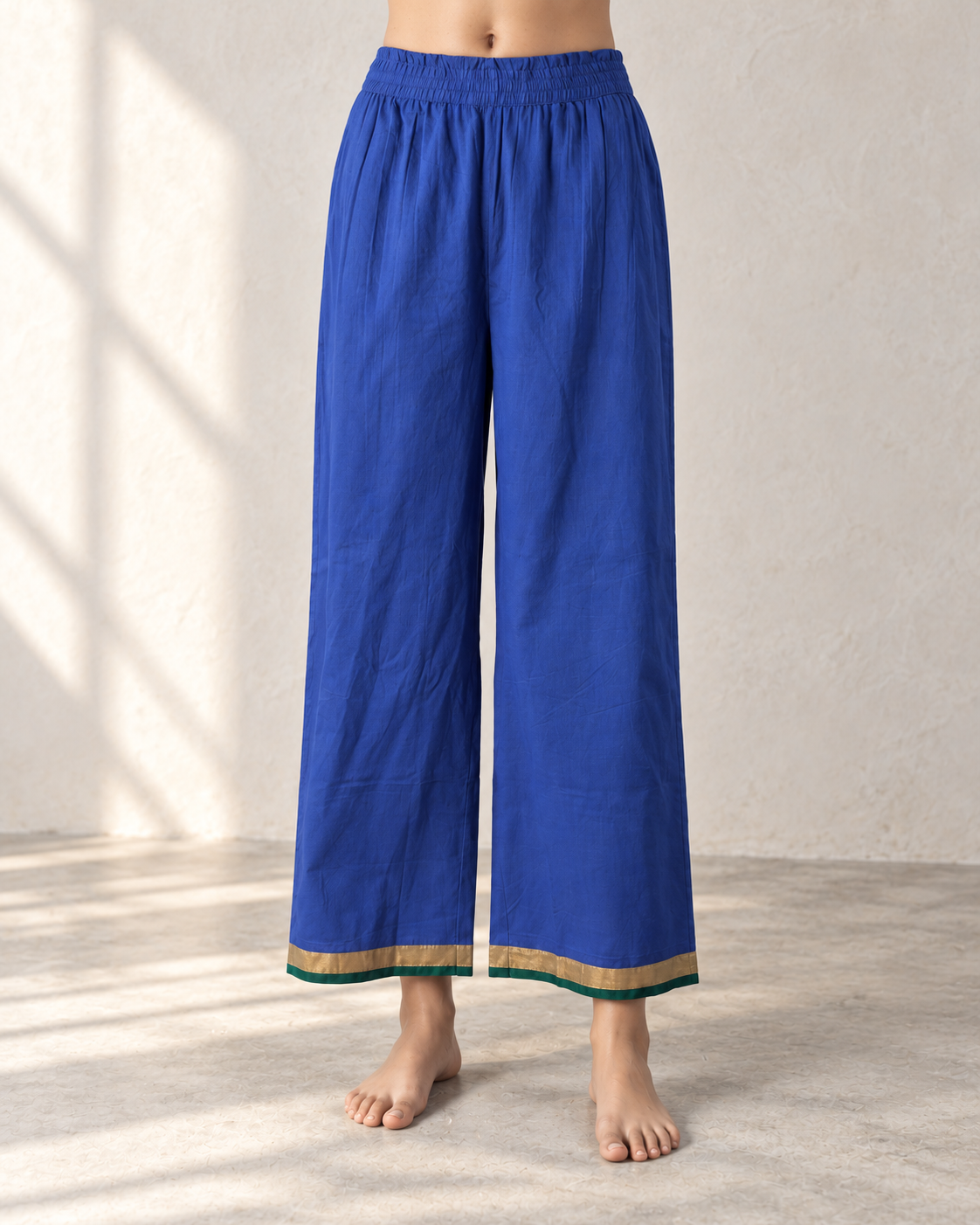 Emerald Green Cotton Mul Mul Gathered Kurta Set with Blue Pants