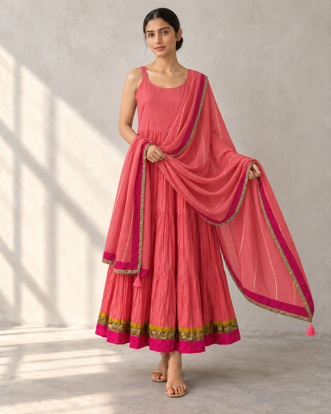 Fuchsia Pink Kurta, Coral inner & Dupatta Set