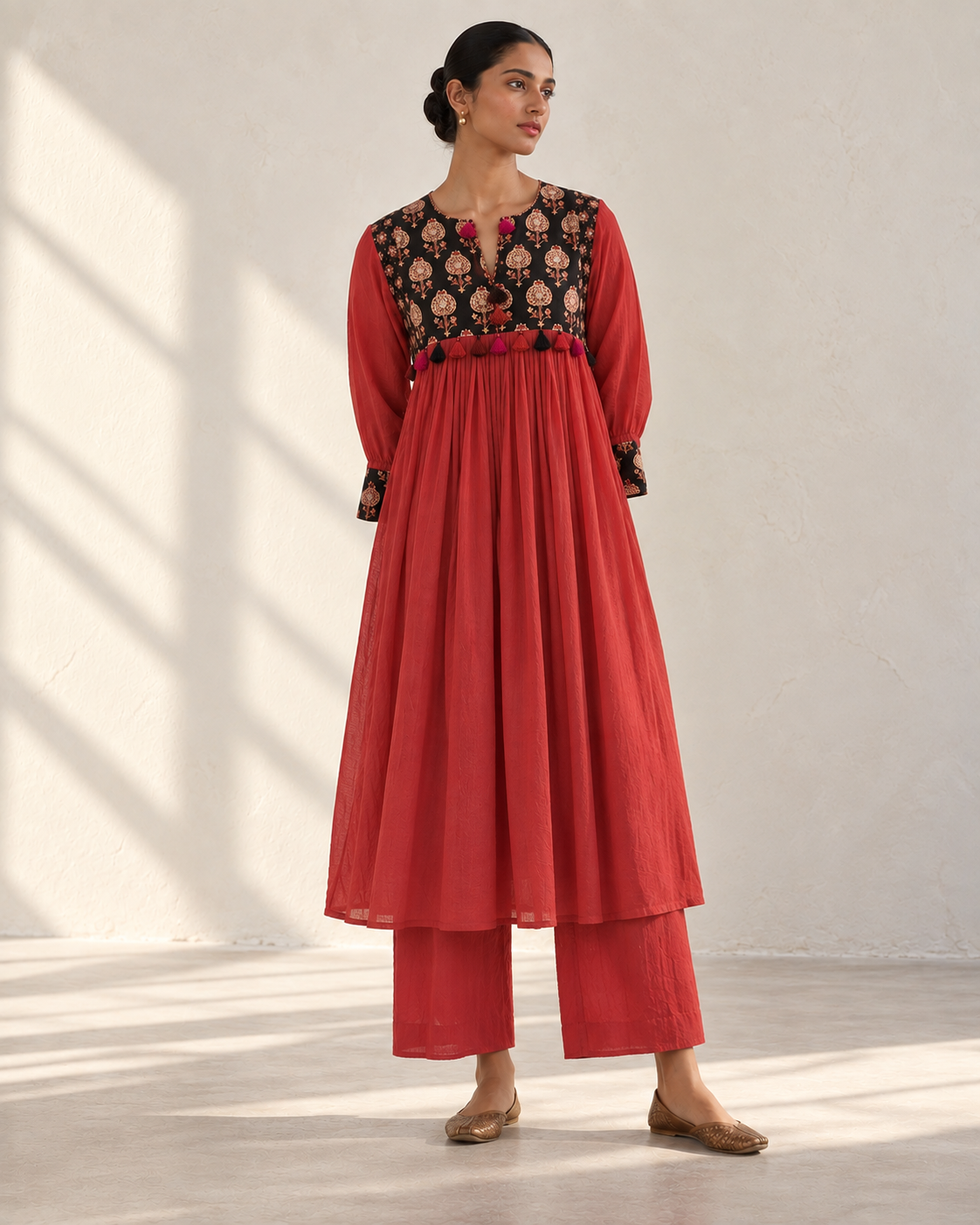 Coral Red & Black Hand Block Printed Gathered Kurta Set