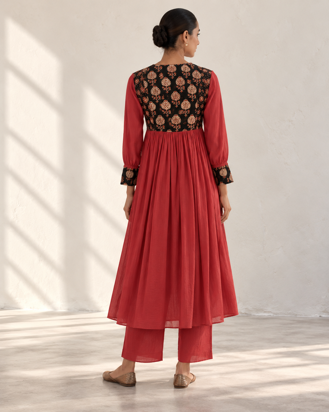 Coral Red & Black Hand Block Printed Gathered Kurta Set