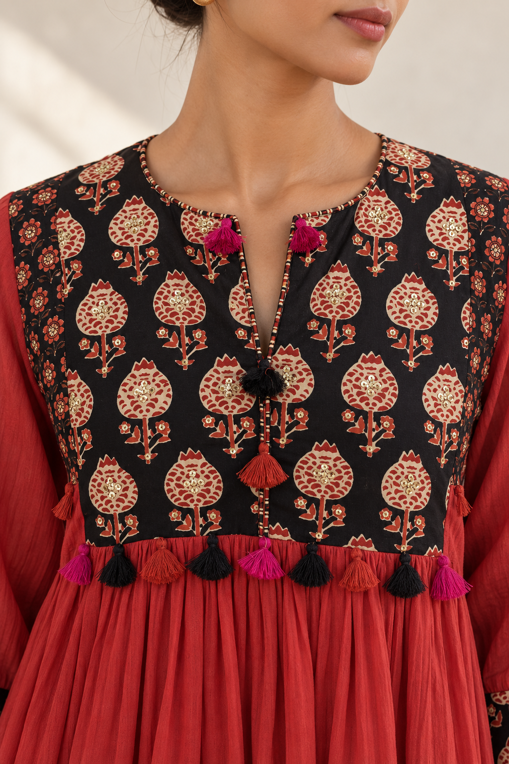 Coral Red & Black Hand Block Printed Gathered Kurta Set