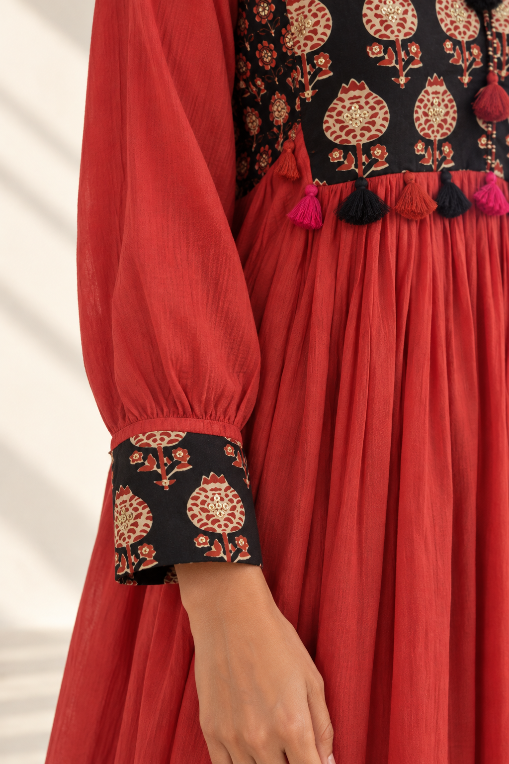 Coral Red & Black Hand Block Printed Gathered Kurta Set