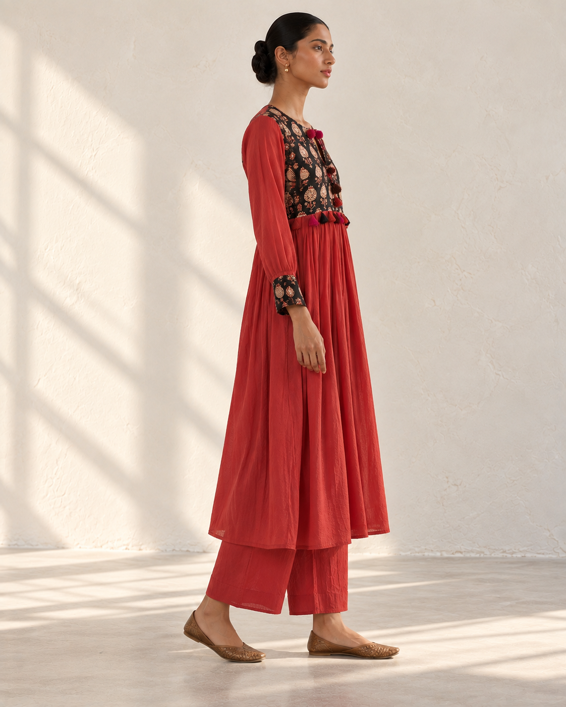 Coral Red & Black Hand Block Printed Gathered Kurta Set