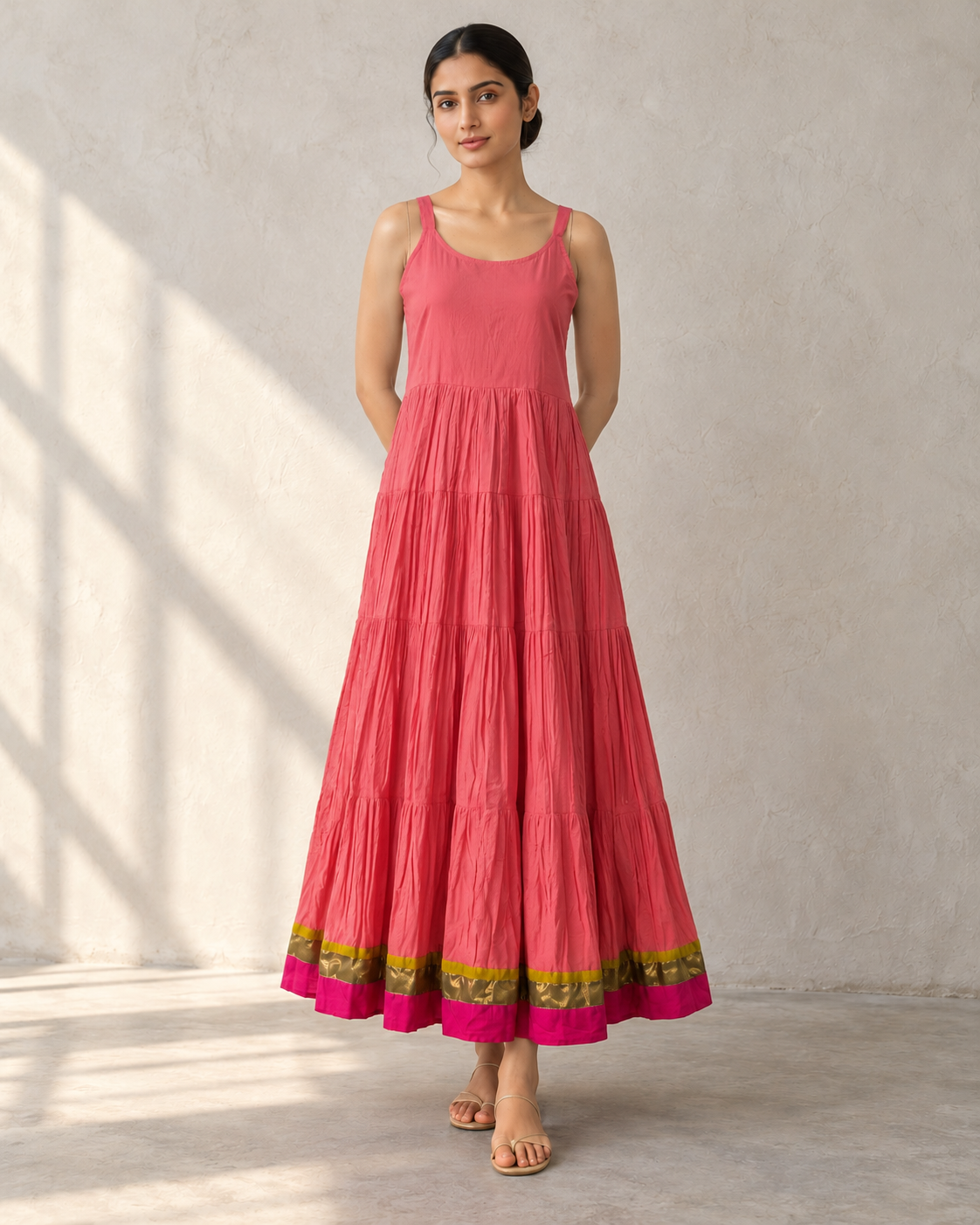Fuchsia Pink Kurta, Coral inner & Dupatta Set