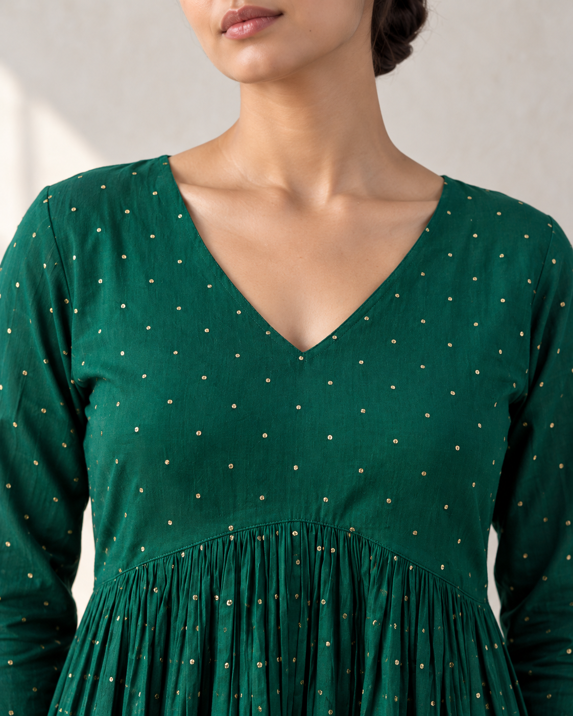 Emerald Green Cotton Mul Mul Gathered Kurta Set with Blue Pants