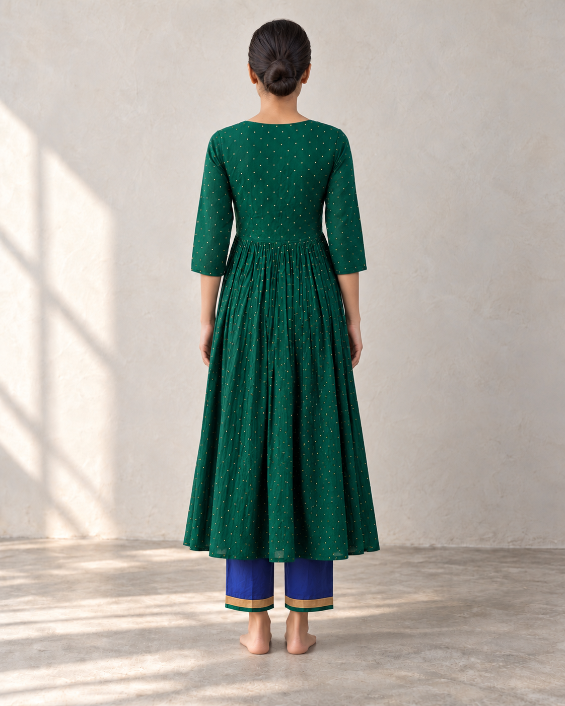Emerald Green Cotton Mul Mul Gathered Kurta Set with Blue Pants