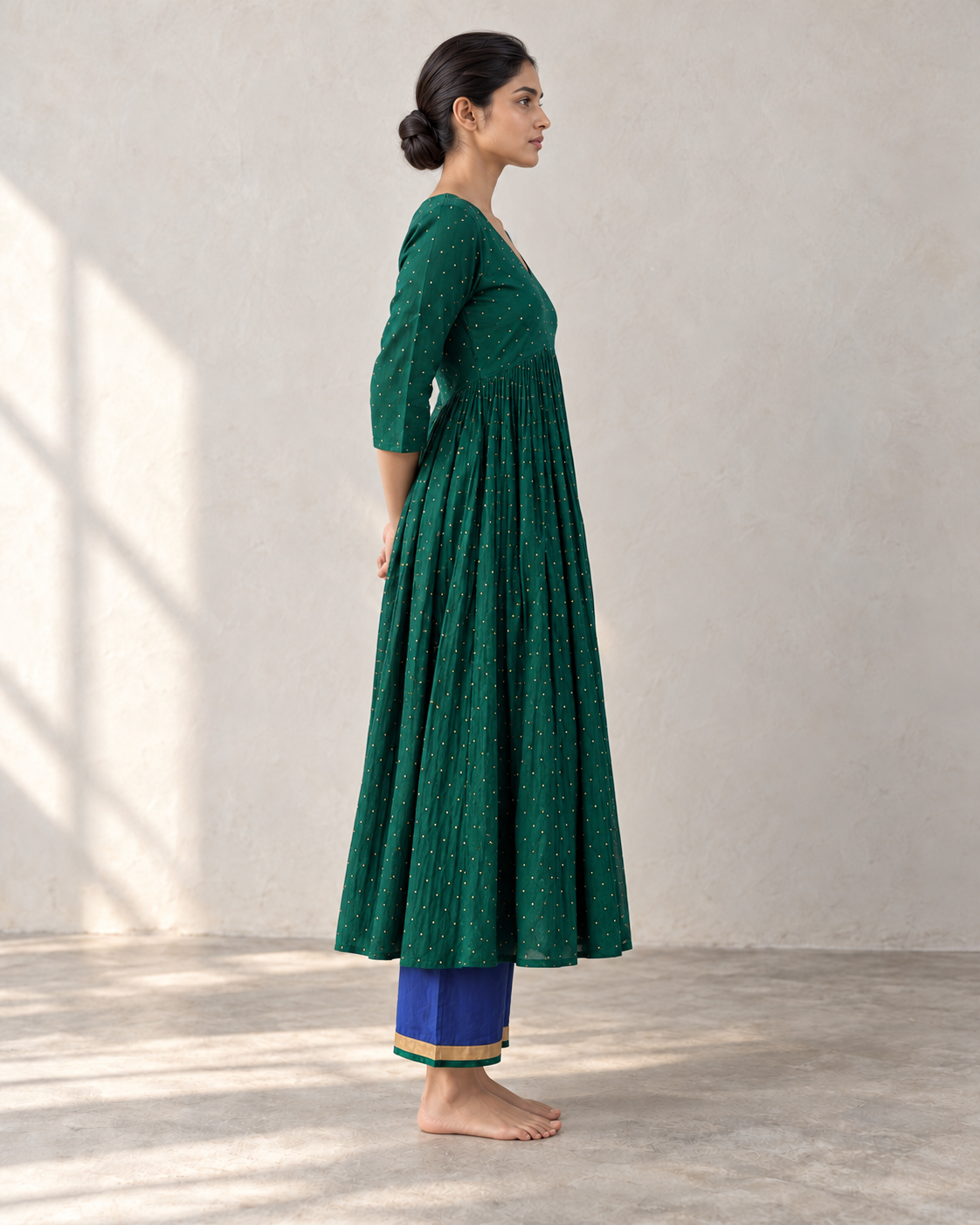 Emerald Green Cotton Mul Mul Gathered Kurta Set with Blue Pants