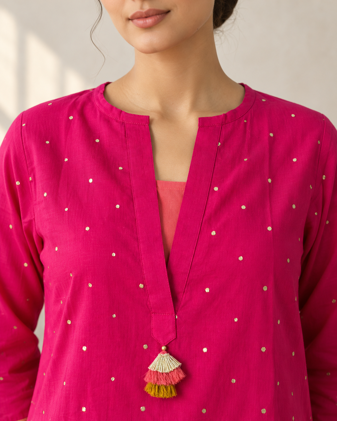Fuchsia Pink Kurta, Coral inner & Dupatta Set