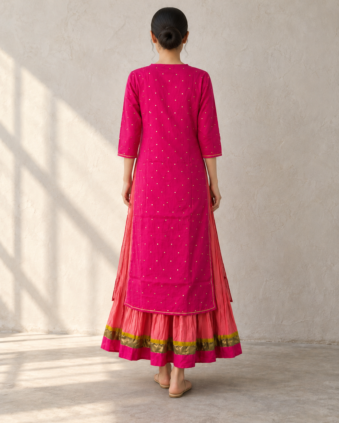 Fuchsia Pink Kurta, Coral inner & Dupatta Set