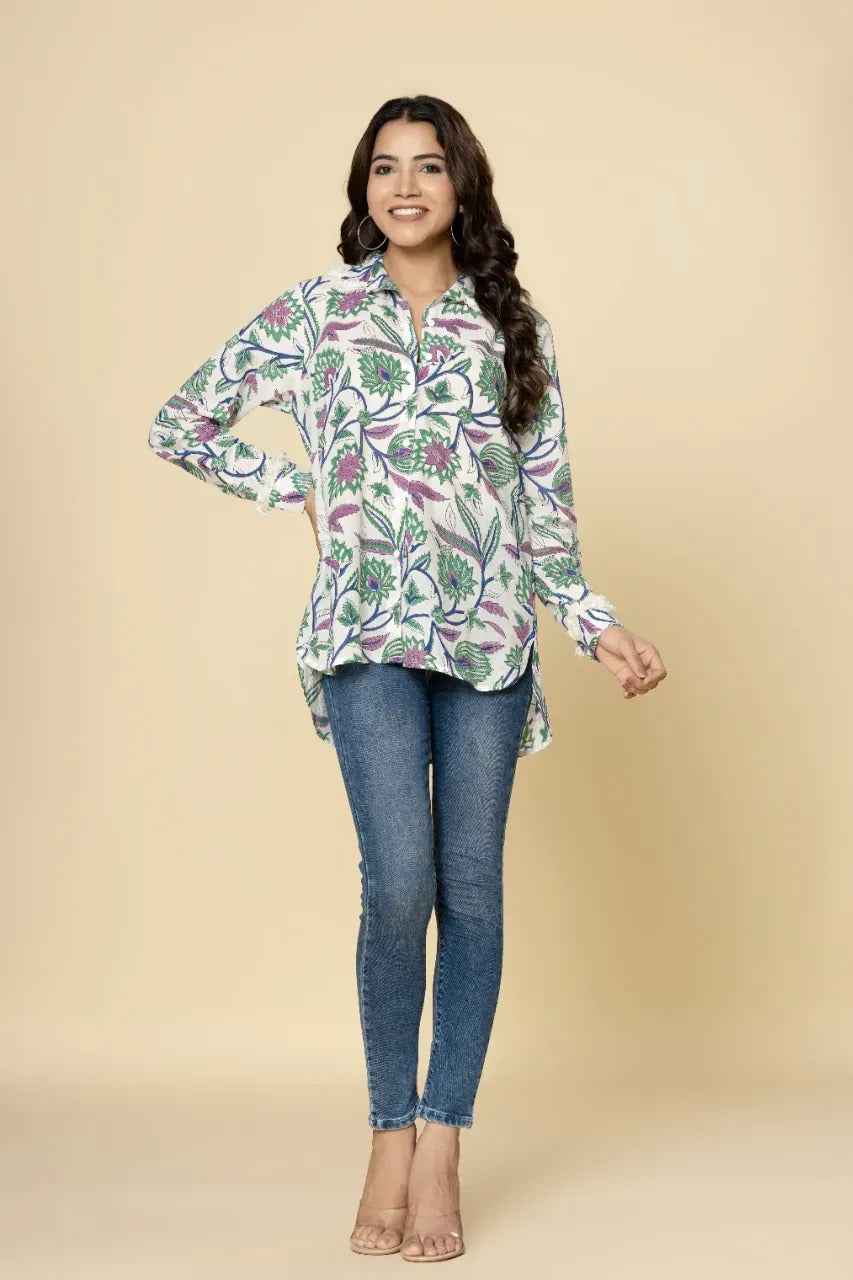 Naksh White Green Block Printed Short Shirt