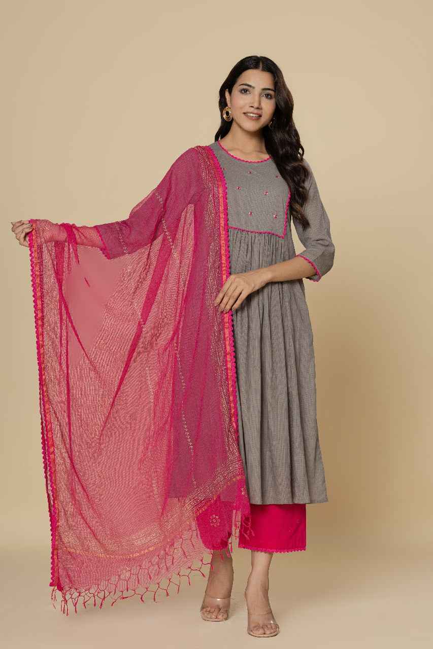 (Set of 3) Naksh Grey Pink Gathered Kurta