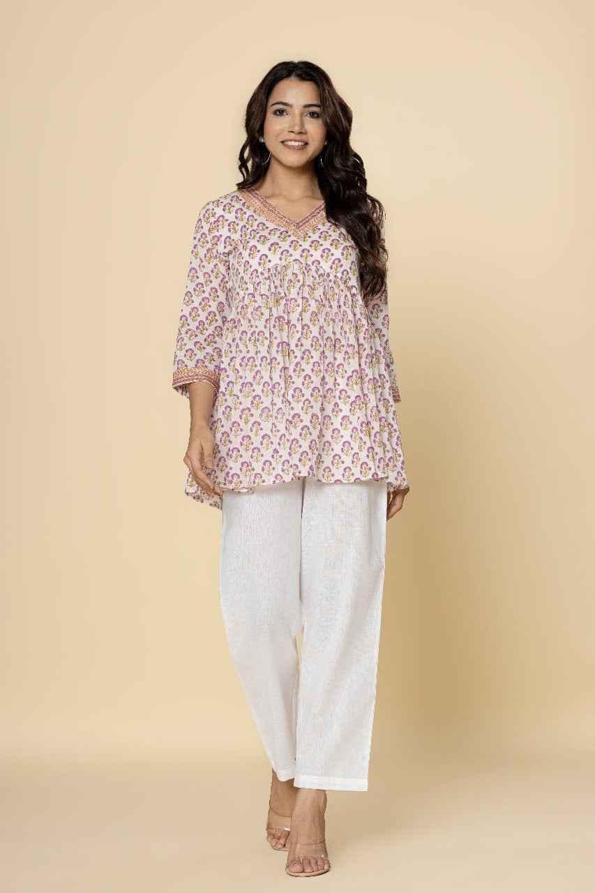 Naksh White Purple Printed Gathered Kurti