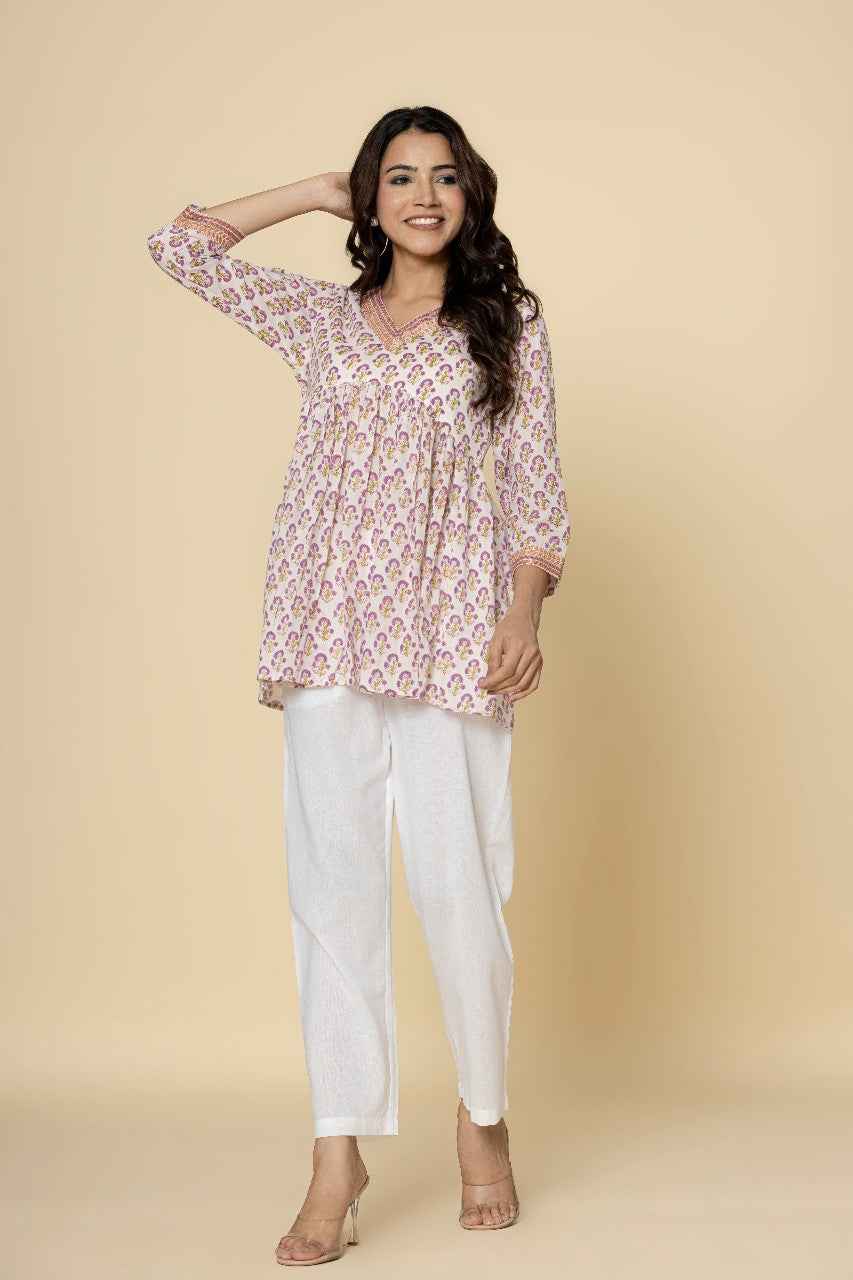 Naksh White Purple Printed Gathered Kurti