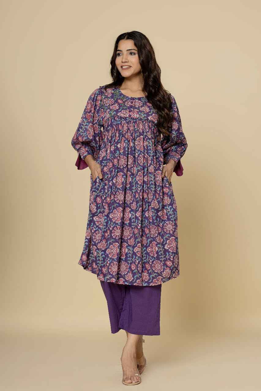 (Set of 2) Naksh Purple Gathered Kurta and Pants