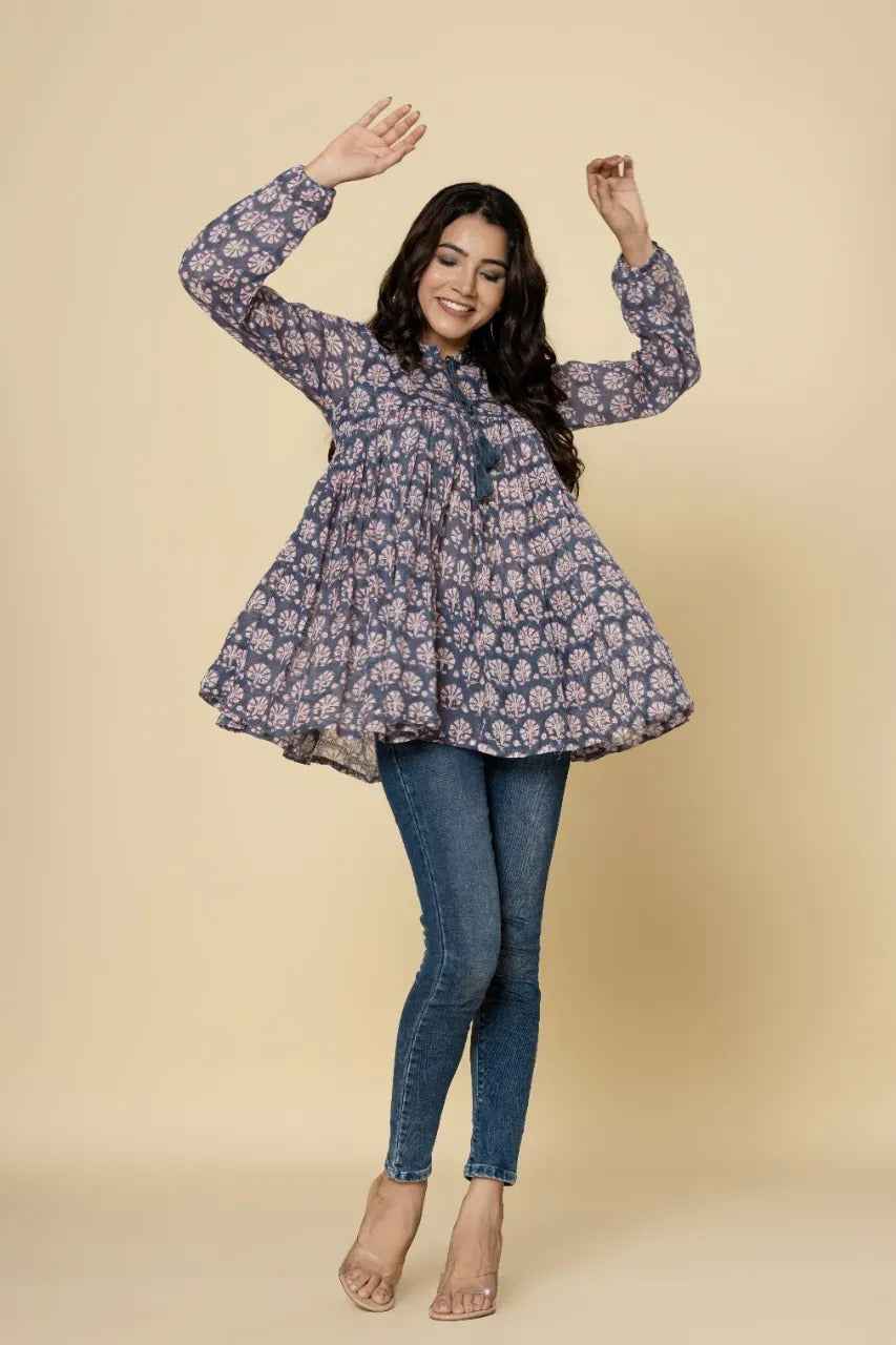 Naksh Grey Booti Block Printed Short Gathered Kurti