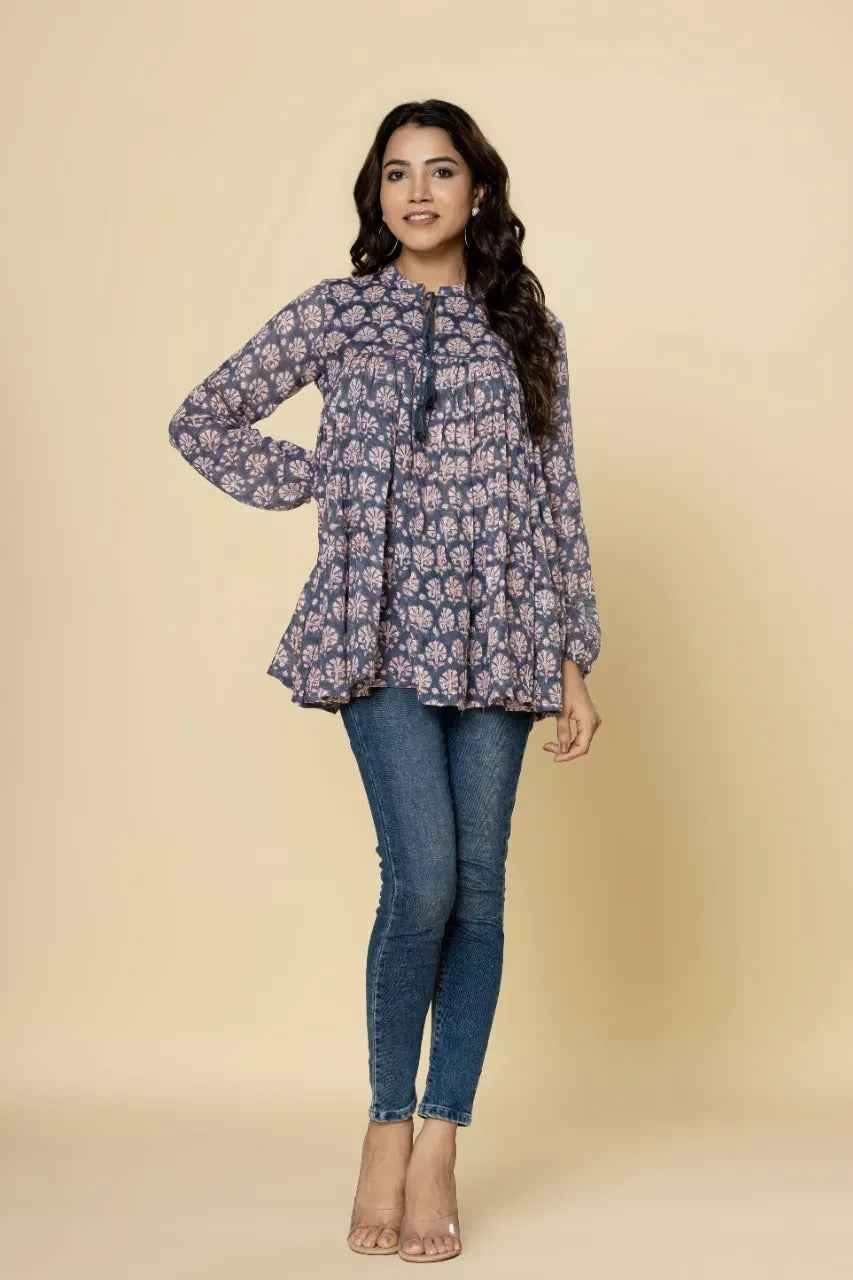 Naksh Grey Booti Block Printed Short Gathered Kurti