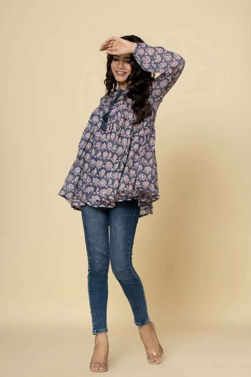 Naksh Grey Booti Block Printed Short Gathered Kurti