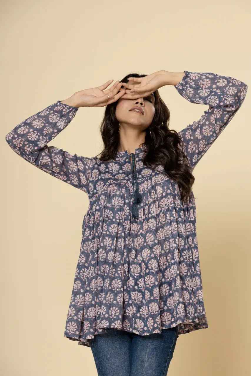 Naksh Grey Booti Block Printed Short Gathered Kurti