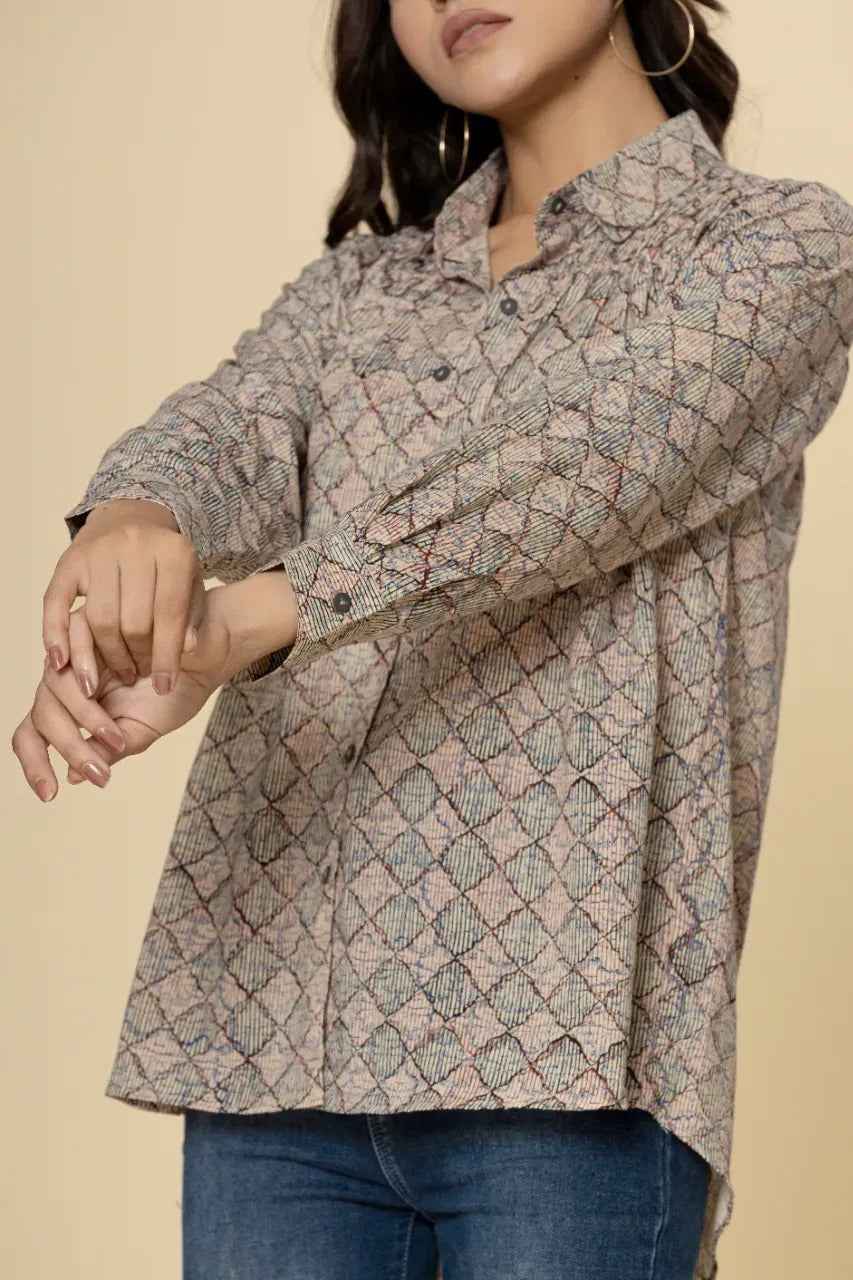 Naksh Block Printed Checked Short Shirt