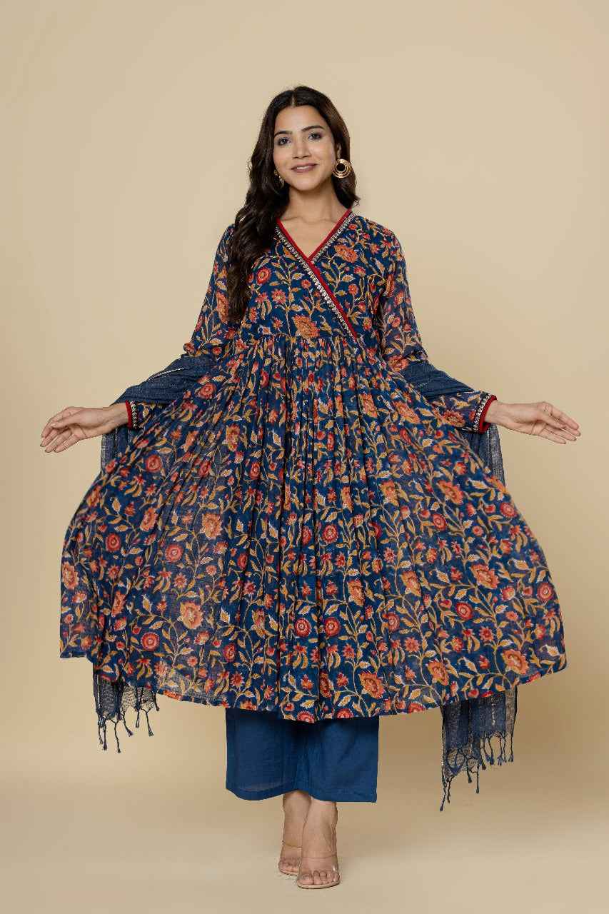 (Set of 3) Naksh Dark Blue Kalidar Kurta