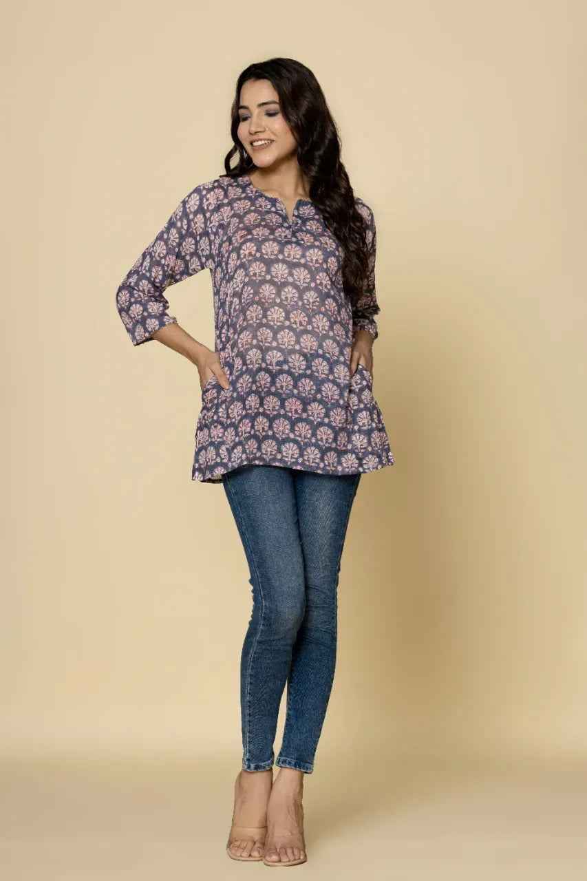 Naksh Grey Booti Block Printed Short Straight Kurti