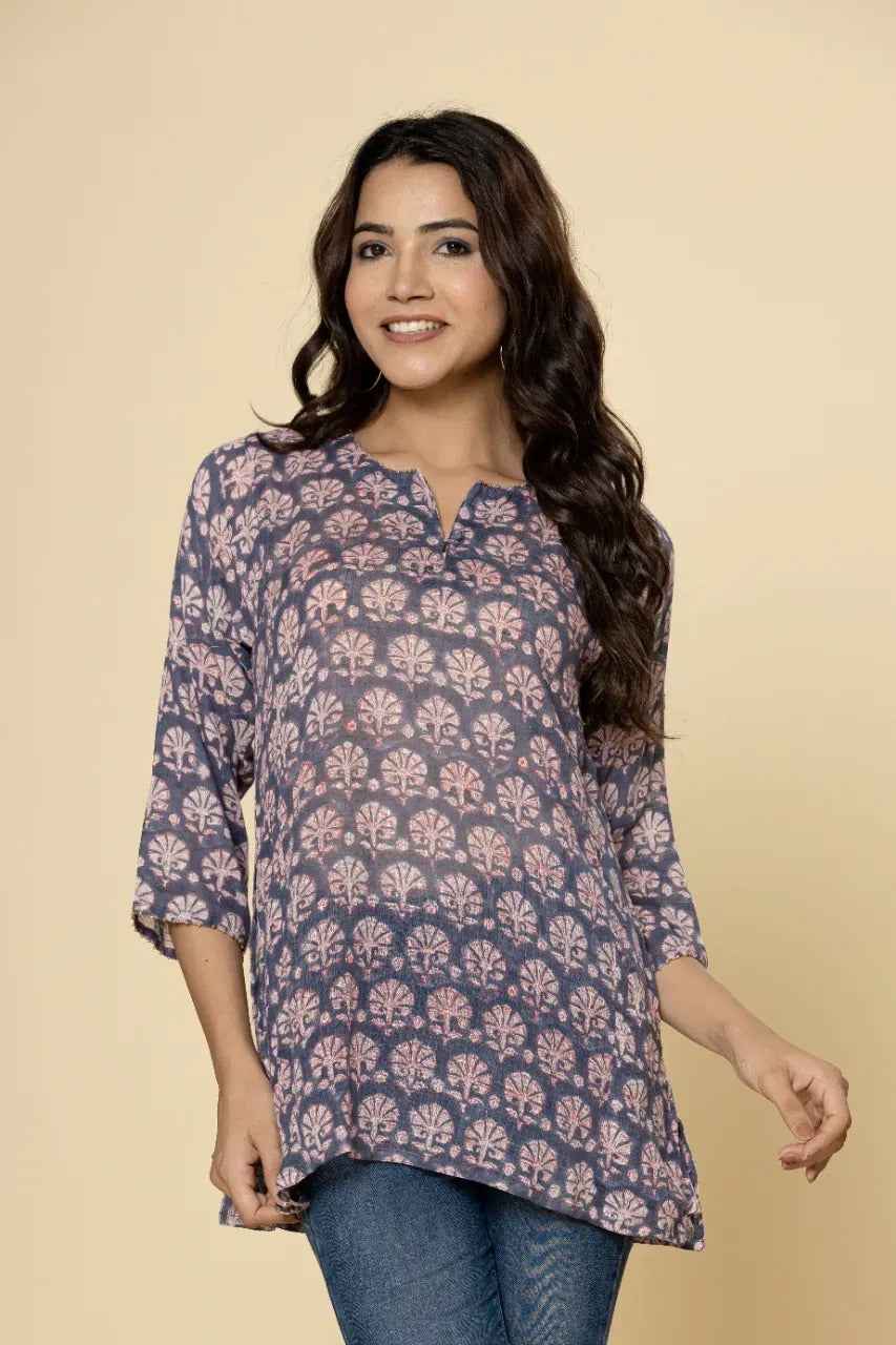 Naksh Grey Booti Block Printed Short Straight Kurti