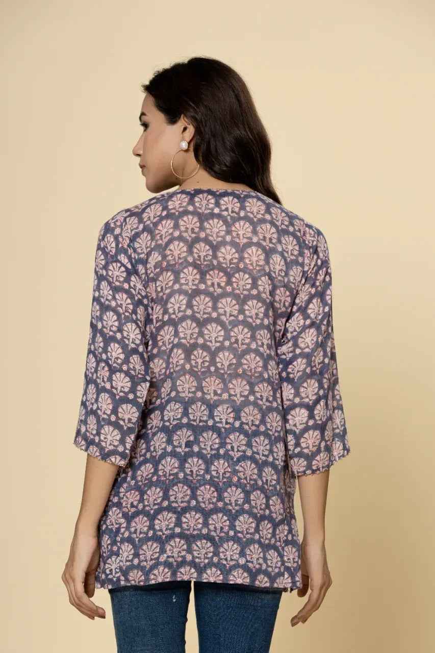 Naksh Grey Booti Block Printed Short Straight Kurti