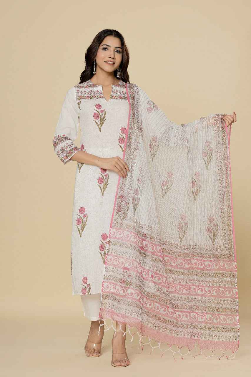 (Set of 2) Naksh White Printed Straight Kurta With Dupatta