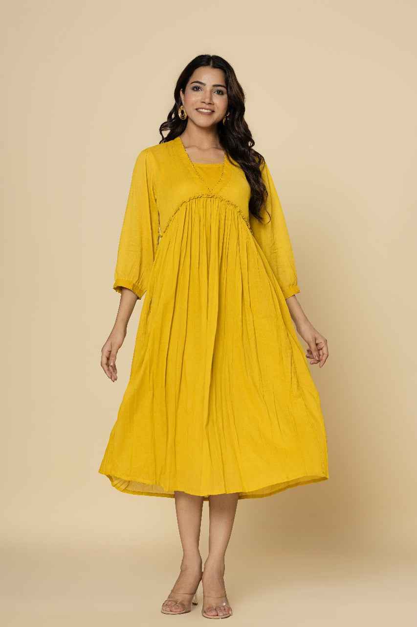 Naksh Yellow Mulmul Gathered Kurta-Dress