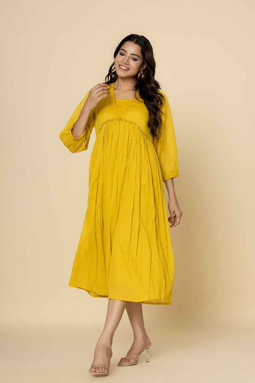 Naksh Yellow Mulmul Gathered Kurta-Dress