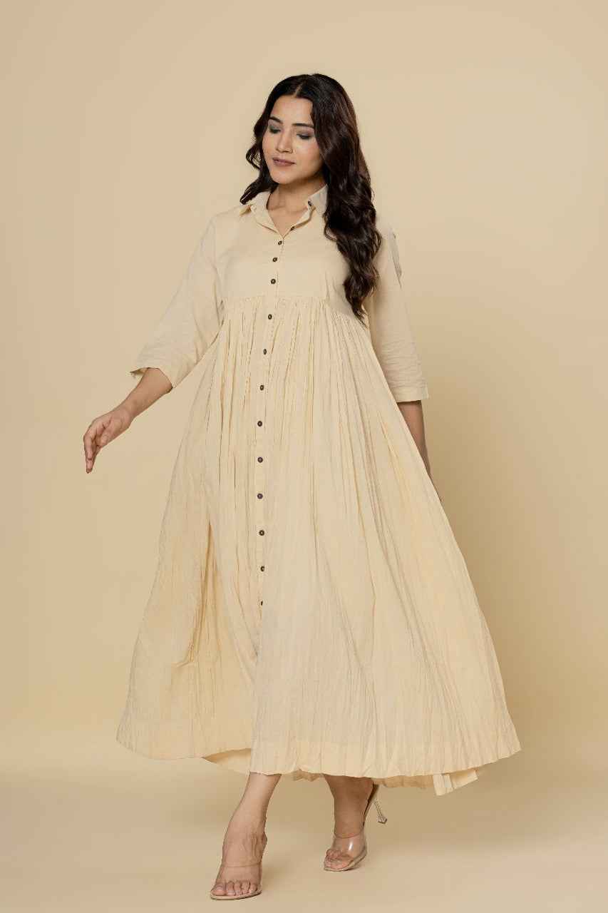 Naksh Off-White Solid Collared Long Gathered Kurta-Dress