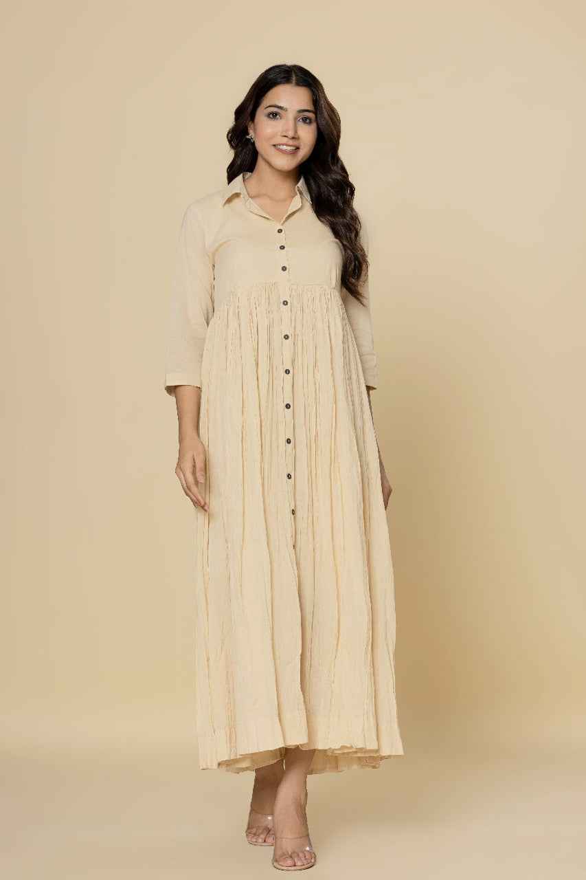 Naksh Off-White Solid Collared Long Gathered Kurta-Dress