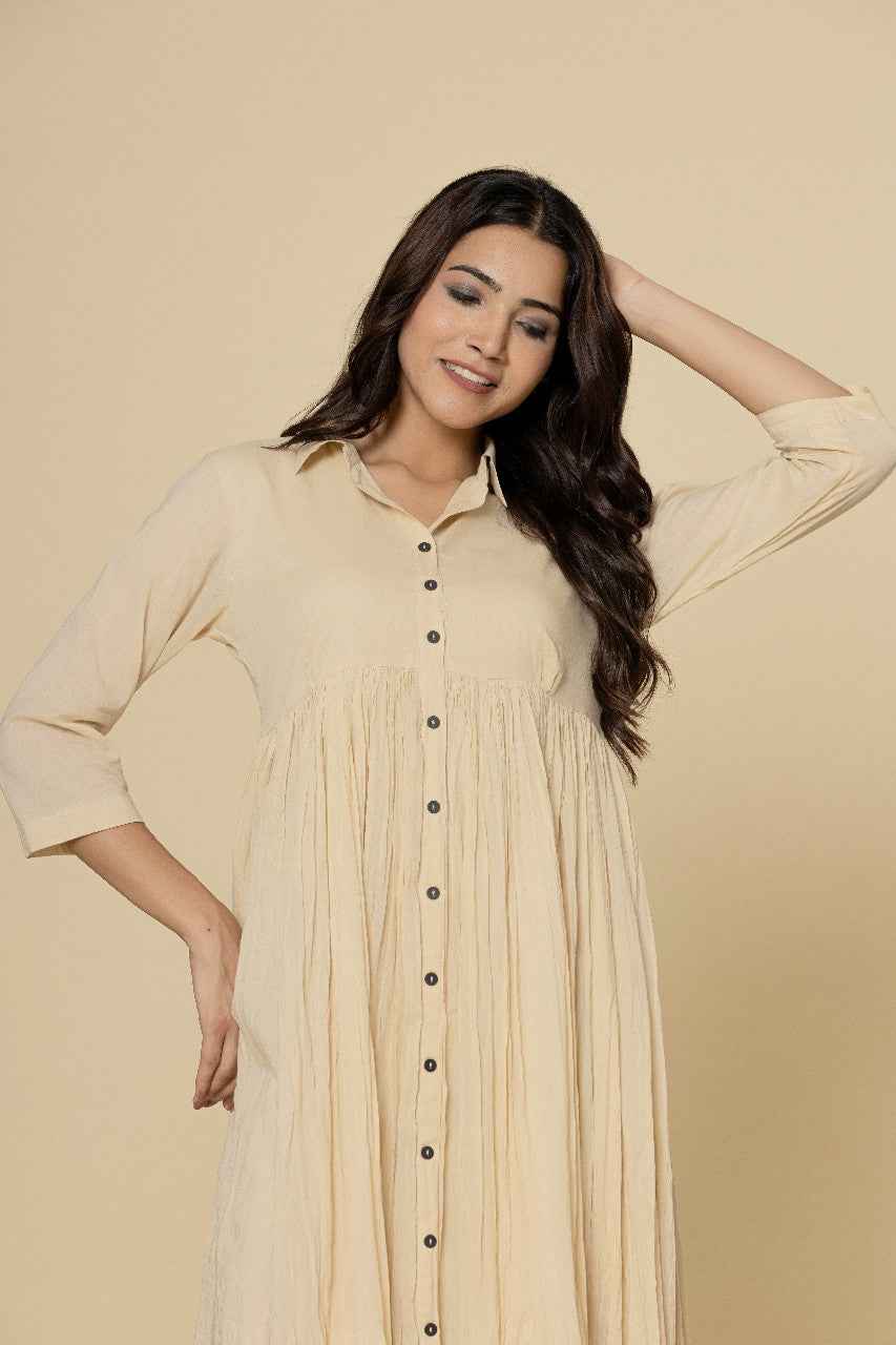 Naksh Off-White Solid Collared Long Gathered Kurta-Dress