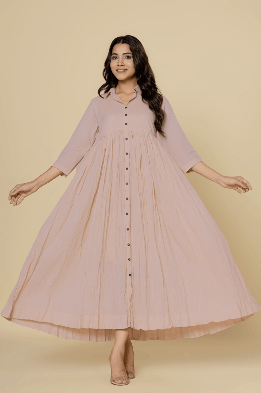 Naksh Dusty Pink Solid Collared Long Gathered Kurta-Dress