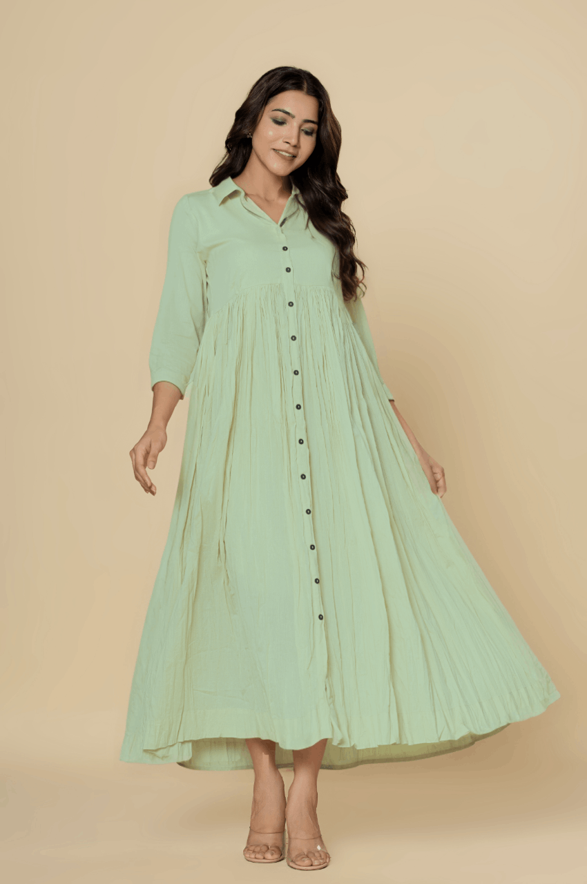 Naksh Light Green Solid Collared Long Gathered Kurta-Dress