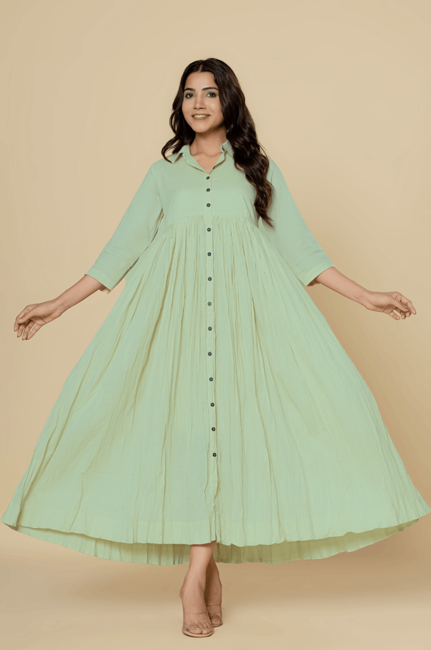 Naksh Light Green Solid Collared Long Gathered Kurta-Dress