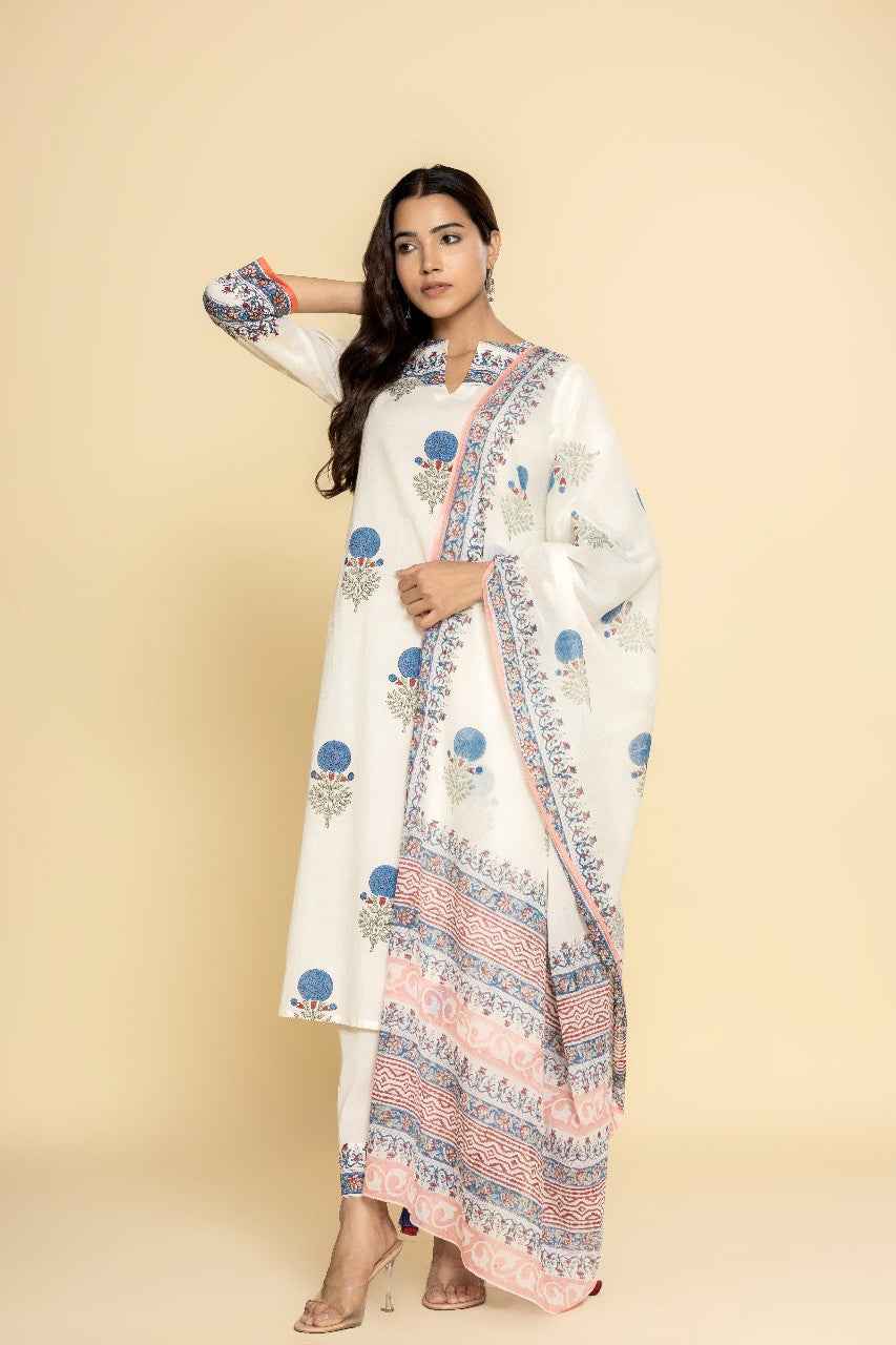 (Set of 3) Naksh Ivory Printed Straight Kurta, Dupatta And Pants