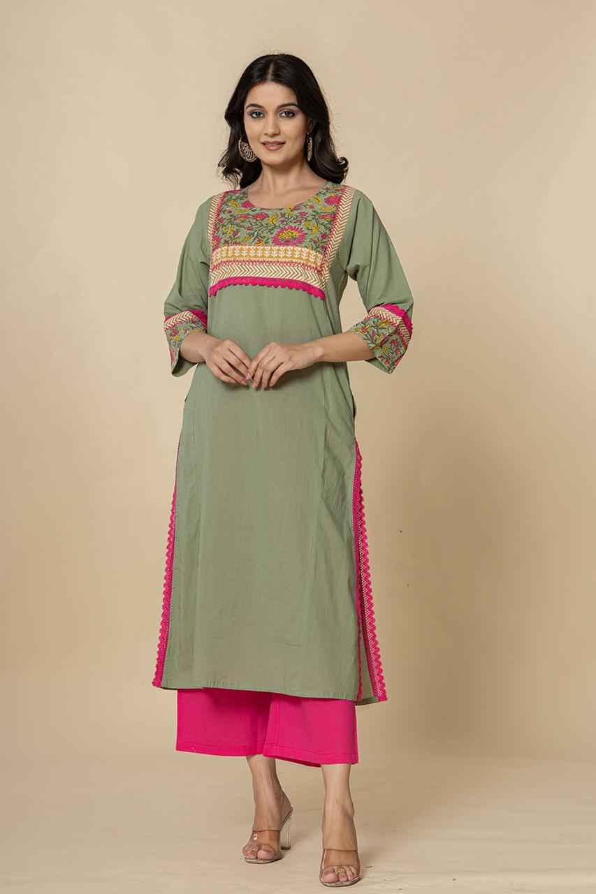 (Set of 2) Naksh Fern Green Straight Kurta-Pants