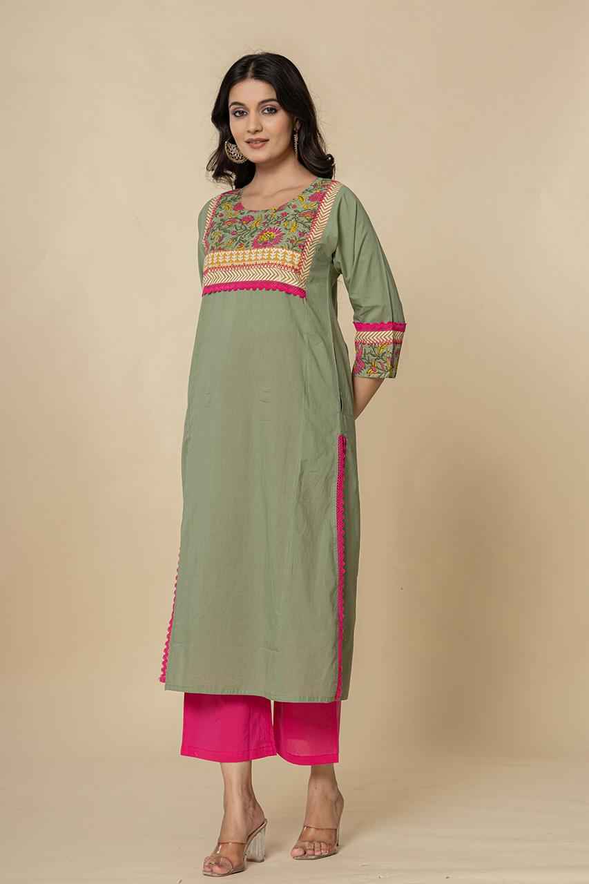 (Set of 2) Naksh Fern Green Straight Kurta-Pants