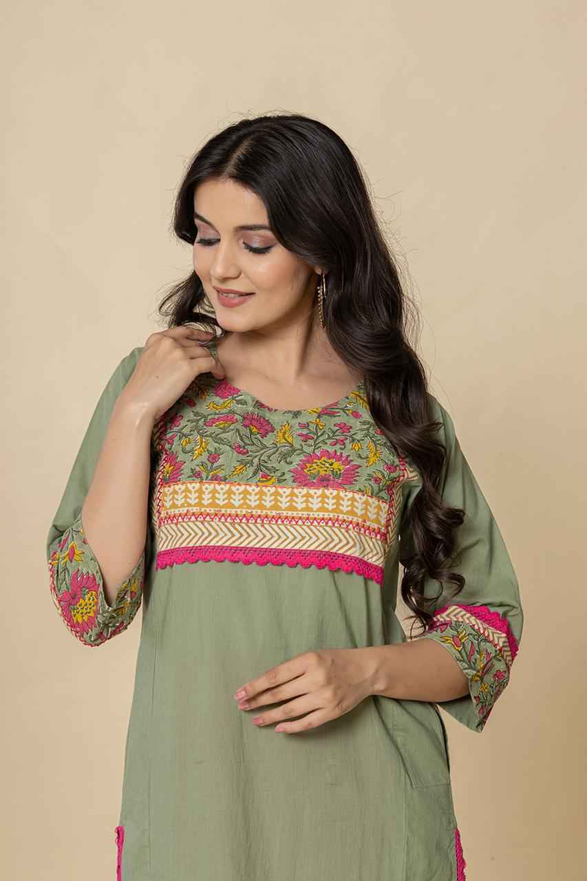 (Set of 2) Naksh Fern Green Straight Kurta-Pants