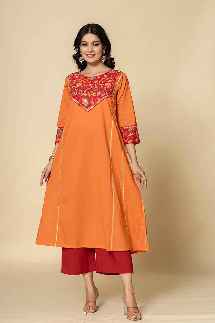 (Set of 2) Naksh Orange Red Cotton A-Line Kurta and Pants