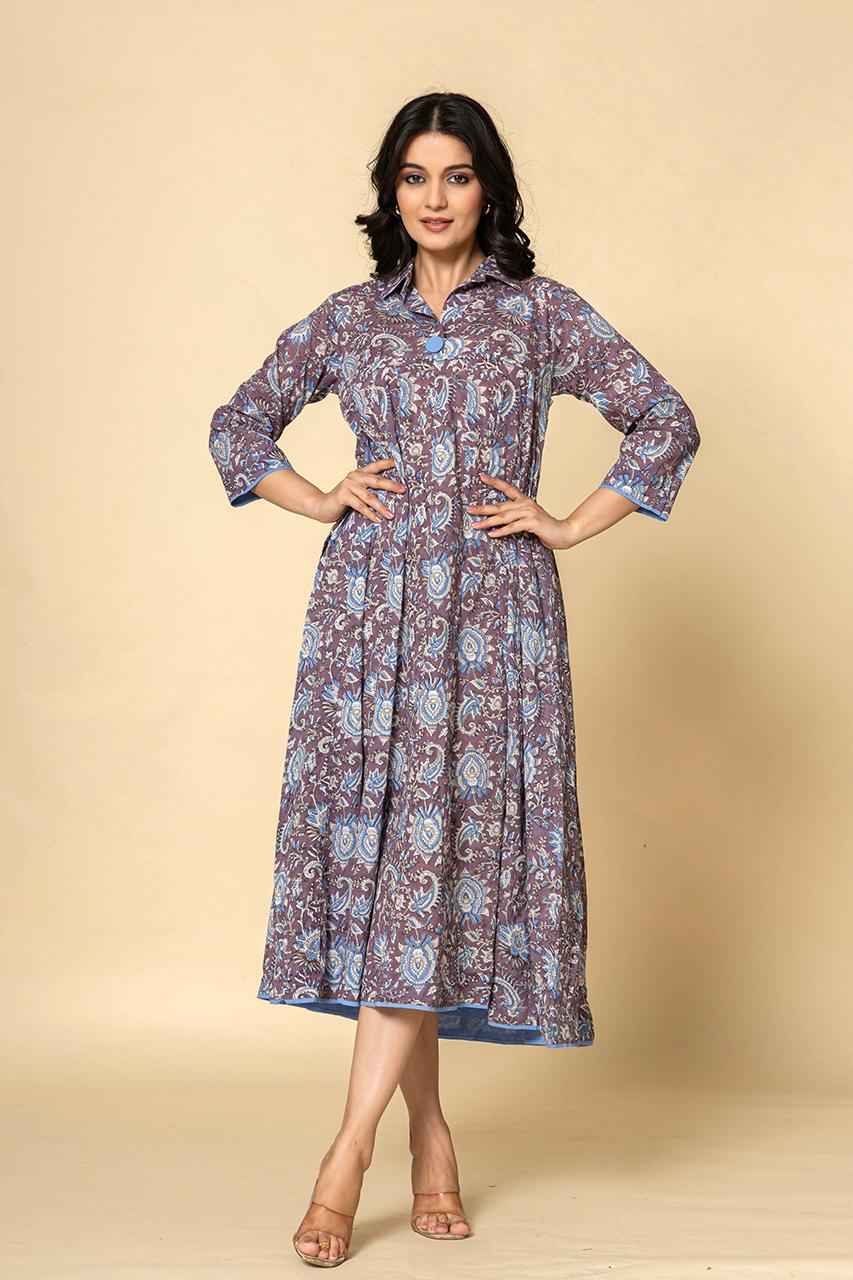 Naksh Purple Blue Block Printed Kalidar Kurta-Dress