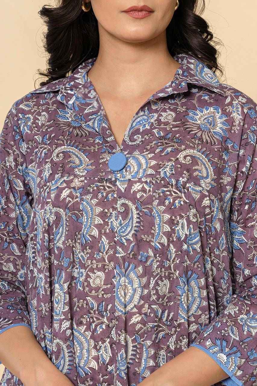 Naksh Purple Blue Block Printed Kalidar Kurta-Dress