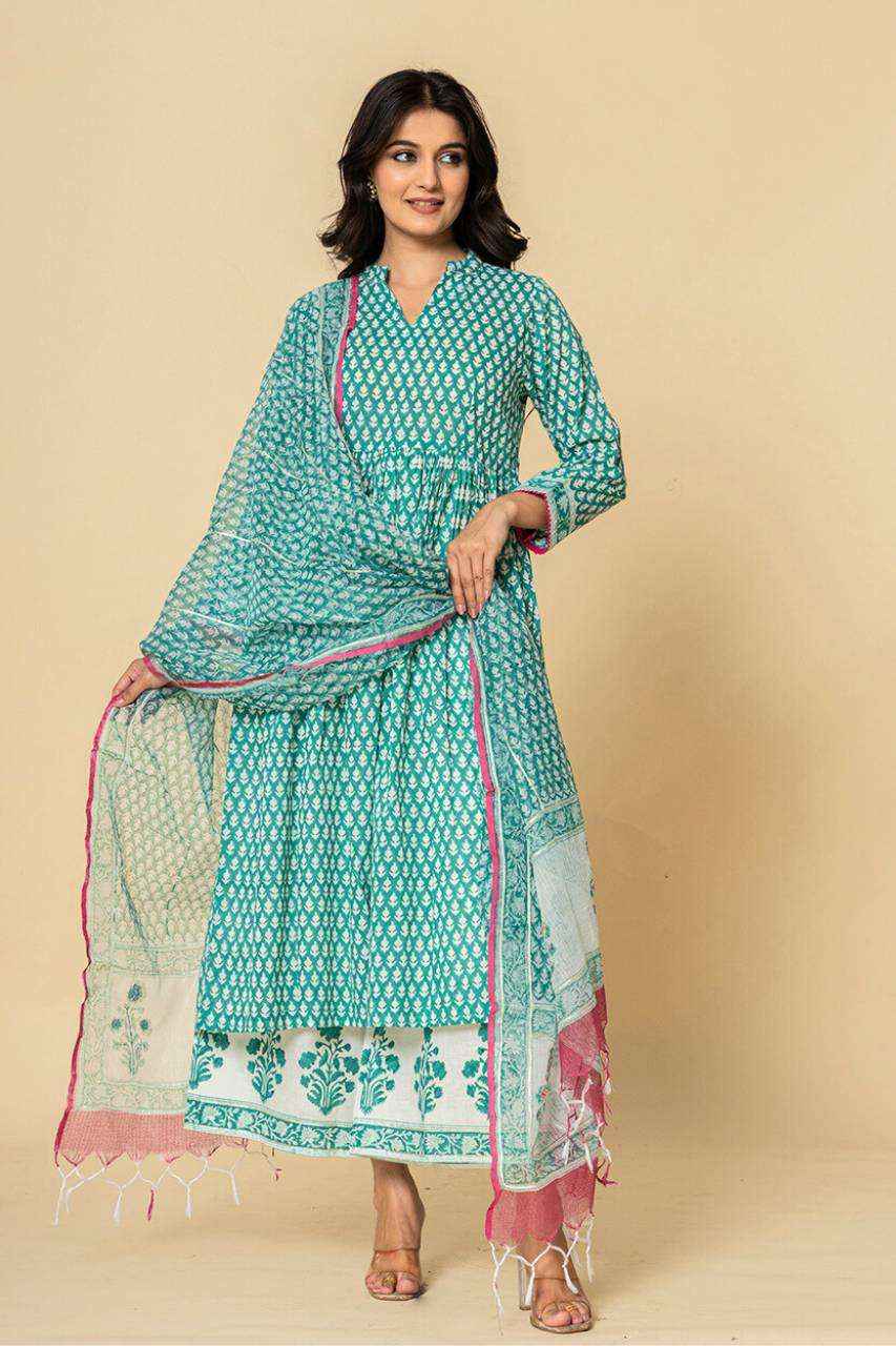 (Set of 3) Naksh Sea Green Gathered Kurta-Duptta-Pants