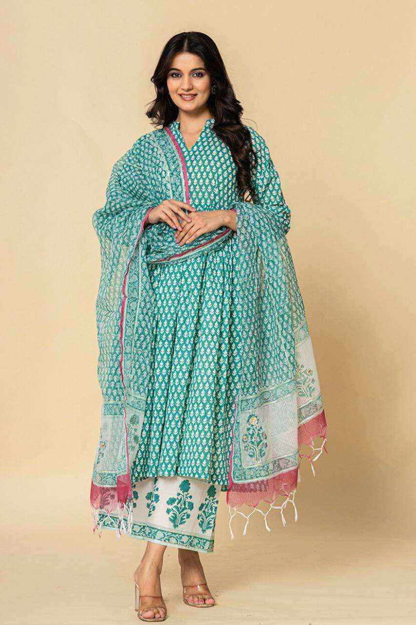 (Set of 3) Naksh Sea Green Gathered Kurta-Duptta-Pants